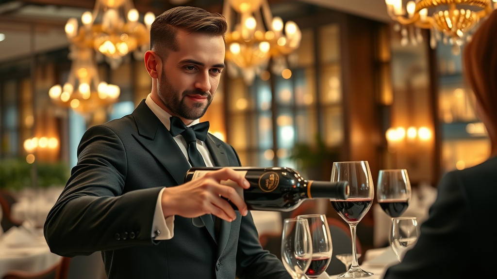 Sommelier pouring Hungarian wine at Budapest Michelin star restaurant